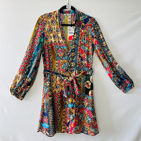 NWT Zara Womens Multicolor Mixed Paisley Boho Fit & Flare Mini Dress Size XS - Picture 1 of 13